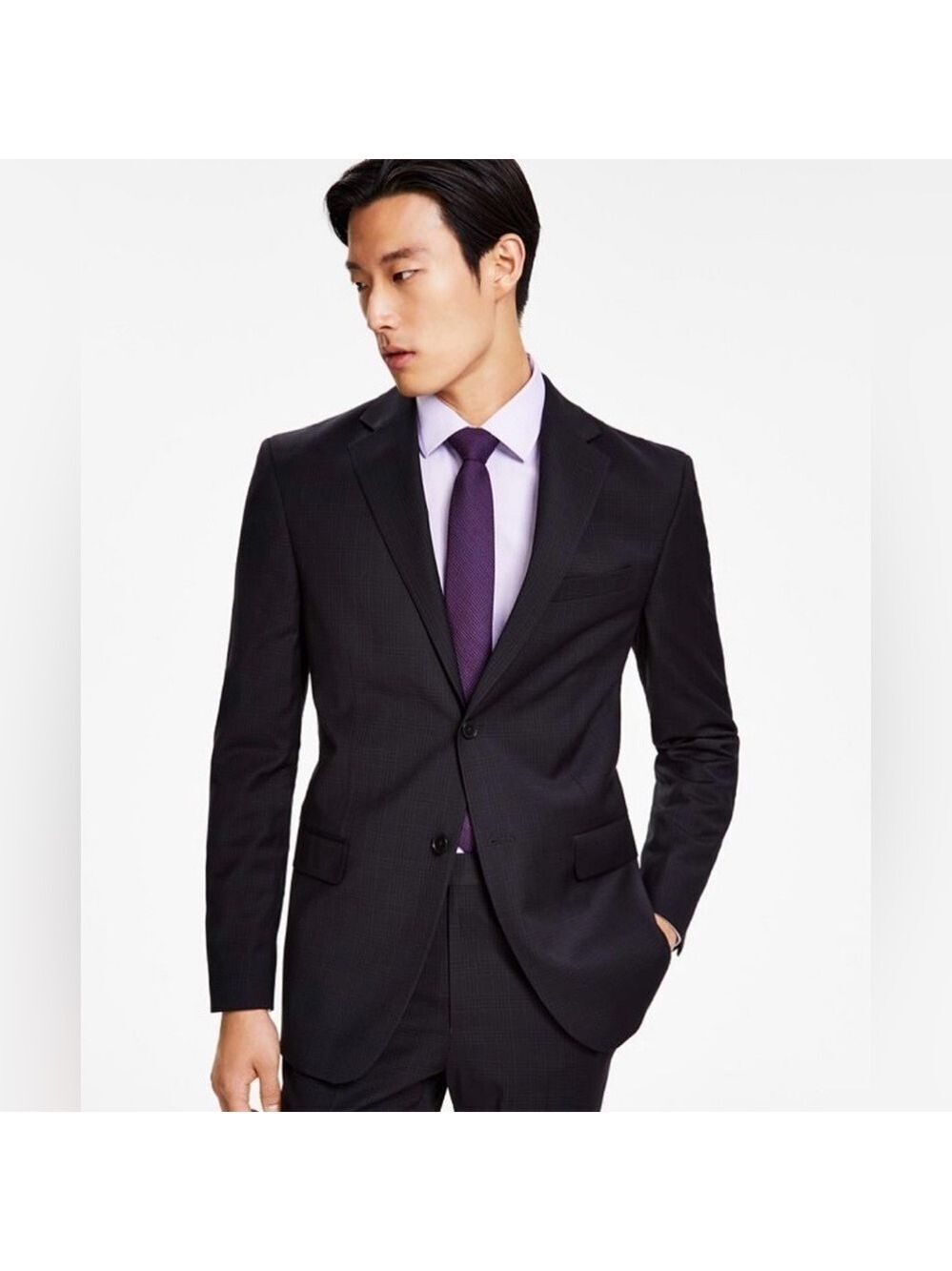 DKNY Men’s Modern-Fit Stretch Black Plaid Suit Jacket Blazer Sport Coat 38 Reg